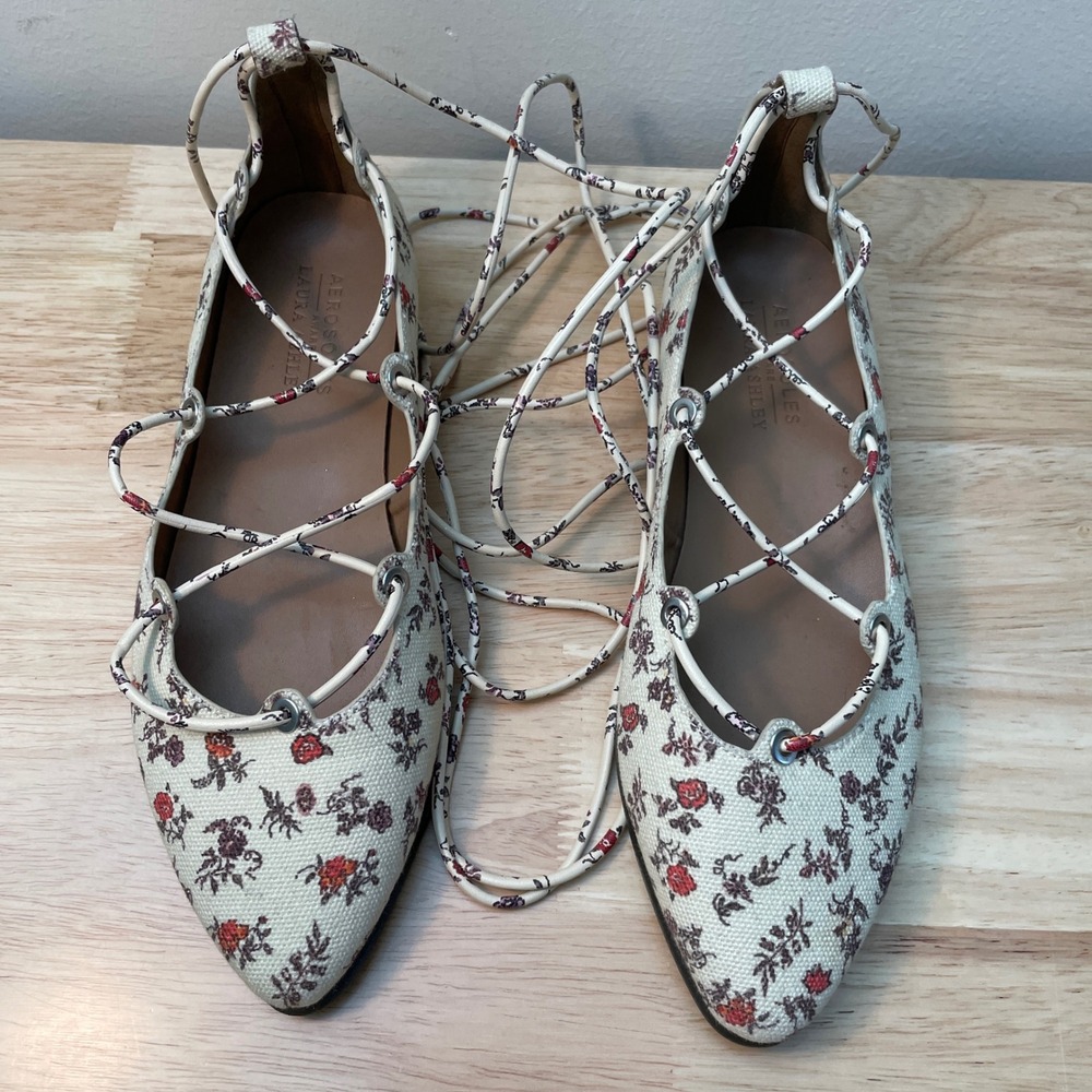 Aerosoles Aware Laura Ashley Floral Lace Up Ghillie Ballet Flats Cream Red 6.5 - Picture 2 of 9